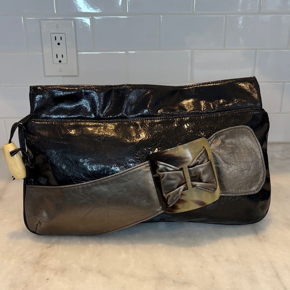 Jerry Moss Vintage Black Patent Leather Clutch Bag Rare Metallic Bow 1970s